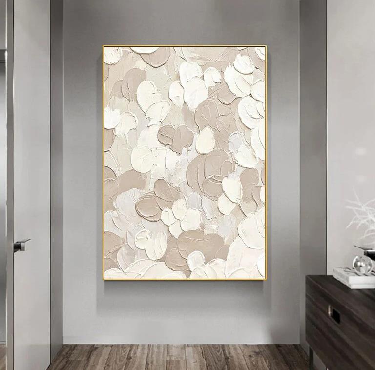 Beige weiße Blütenblätter abstrakt von Spachtel Wandkunst Minimalismus Textur Ölgemälde
